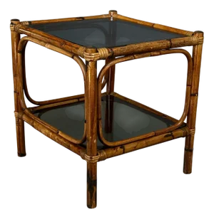 Italian Bamboo Coffee Table with Two Smoked Glass Shelves, 1970s