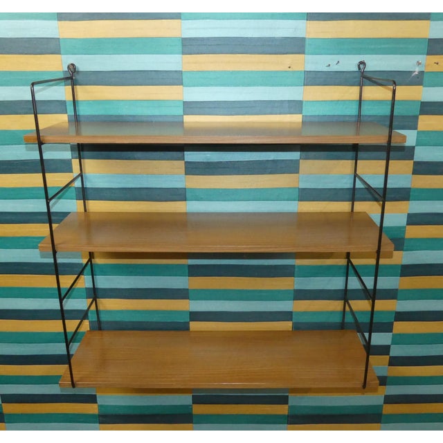 Mid-Century Modern String Shelves in Medium Brown Wood, 2 Black Ladders, 1960s For Sale - Image 13 of 13