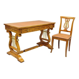Vintage Italian Regency Lyre Harp Burlwood Desk & Chair by Binda Collection For Sale