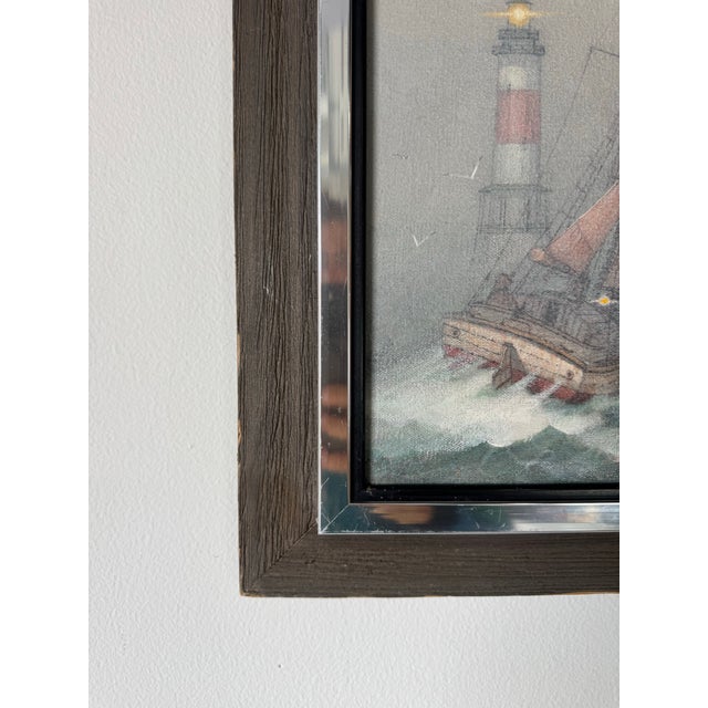 Wood 1978 Vintage Nautical Seascape With Sailing Vessel and Lighthouse — Oil on Canvas Painting by Henry P. For Sale - Image 7 of 12