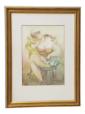 Norha Beltran (Bolivia, 20th C.) "Two Women" Original Watercolor C.1980s