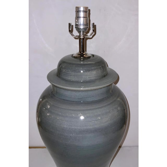 Stylish Modern Iron Gray Glazed Porcelain Temple Jar Table Lamp, acrylic base, showroom floor sample