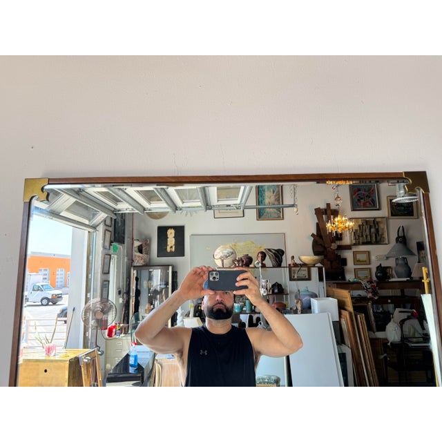 Brown 70's Vintage Asian Style Wood and Accent Brass Wall Mirror For Sale - Image 8 of 11
