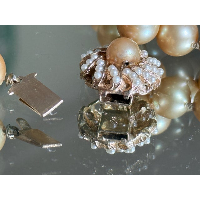 Glass Vintage Peach Champagne Pearl Necklace With Sunburst Jeweled Clasp For Sale - Image 7 of 14