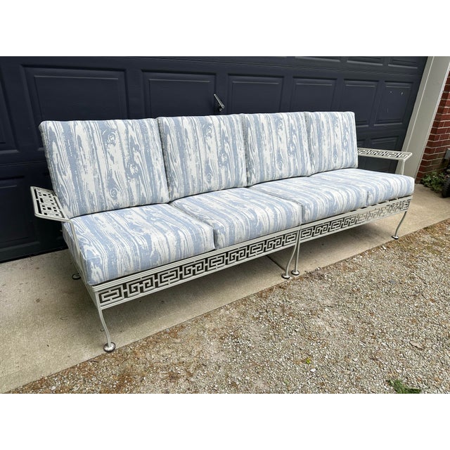 Mid-Century Modern Vintage Meadowcraft Greek Key Outdoor Wrought Iron Patio Seating & Tables, Attributed -Set of Six For Sale - Image 3 of 16