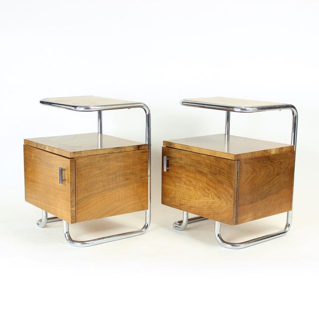 1950s Bedside Tables in Chrome & Walnut by Vichr & Spol for Kovona, Former Czechoslovakia, 1950s, Set of 2 For Sale - Image 5 of 17