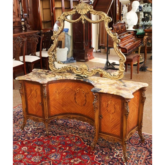 French Louis XV Style Walnut and Satinwood Inlaid Marble Top Vanity Circa 1920's For Sale - Image 4 of 14