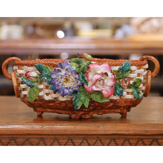 19th Century French Barbotine Porcelain Basket Jardinière With Flowers For Sale In Dallas - Image 6 of 9