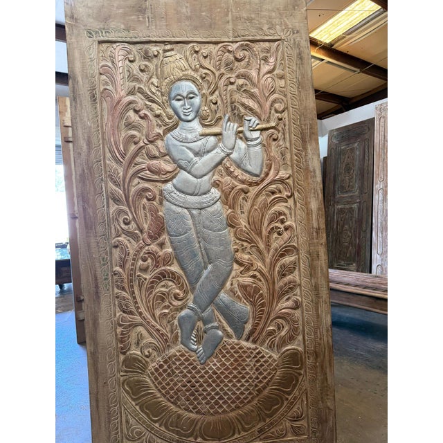 Antique Hand-Carved Wooden Krishna Relief Panel With Floral Motifs For Sale - Image 4 of 9