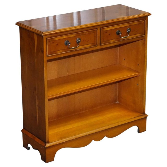 Small Vintage Burr Yew Wood Open Library Bookcase with Drawers and Shelf For Sale - Image 16 of 16