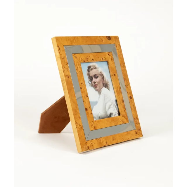Midcentury beautiful rectangular picture frame in wood, chrome and glass. Made in Italy in the 1960s.