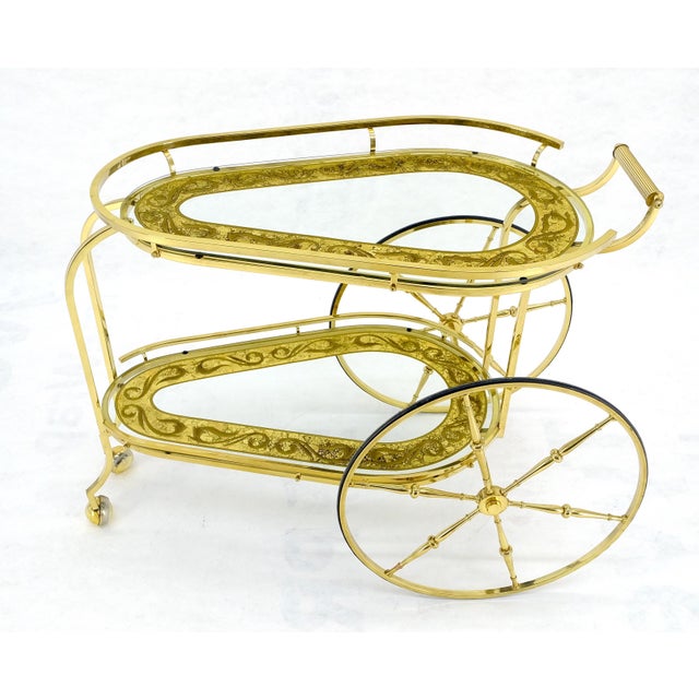Brass Etched Glass Mid Century Modern Serving Bar Cart Wagon Style Wheels MINT For Sale - Image 14 of 14
