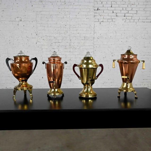 Vintage Art Deco Brass & Copper Coffee Urns Bakelite Handles Set of 4 For Sale - Image 13 of 13