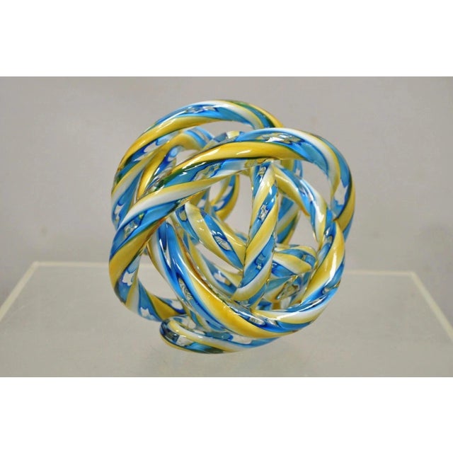 Modern Late 20th Century Murano Art Glass Swirl 8" Infinity Knot of Love Blue & Yellow Decorative Object For Sale - Image 3 of 10