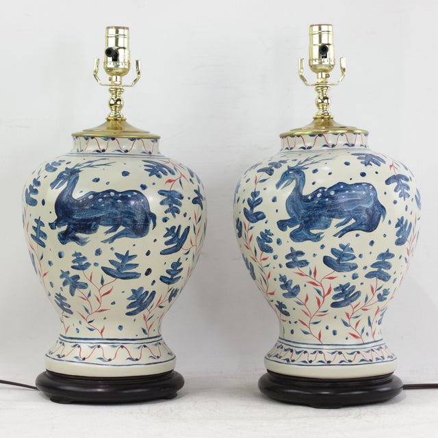 Pair of Vintage Brunschwig & Fils Cadiz Table Lamps - Blue and Cream Ceramic With Boar and Deer Motif For Sale - Image 15 of 15
