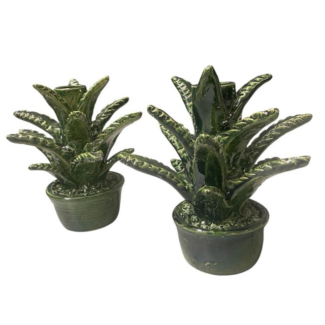 Moroccan Pair of Vintage Moroccan Emerald Glazed Ceramic Cactus Taper Candle Holders For Sale - Image 3 of 12