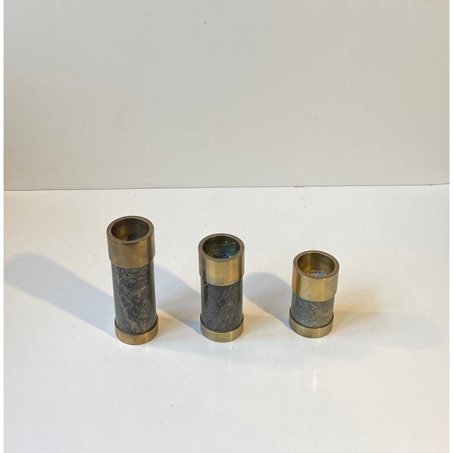 Mid-Century Modern Mid-Century Natural Stone and Brass Candleholders from Saulo Norway, 1960s, Set of 3 For Sale - Image 3 of 8