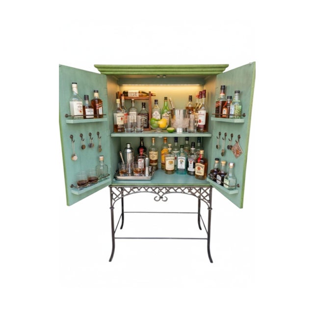 Wood Vintage Customized Painted Green Faux Croc Faux Bamboo Iron Dry Bar Storage Cabinet by Lane For Sale - Image 7 of 18