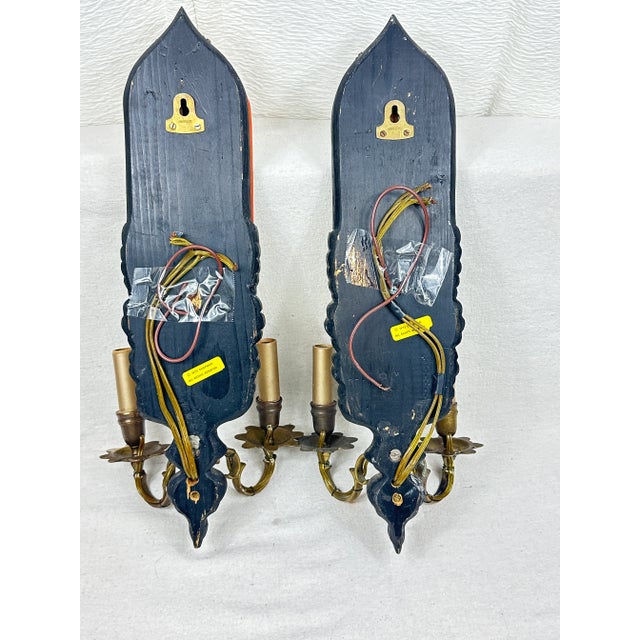 Wood Vintage Brass and Mirrored Chapman Leaf and Acorn Electric Sconces-a Pair For Sale - Image 7 of 10