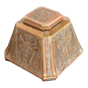 Tiffany Studios New York Chinese Pattern Large Bronze Inkwell, Circa 1910