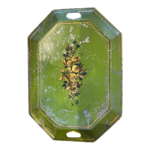 Antique Octagonal Toleware Tray W/ Fruit Motifs For Sale