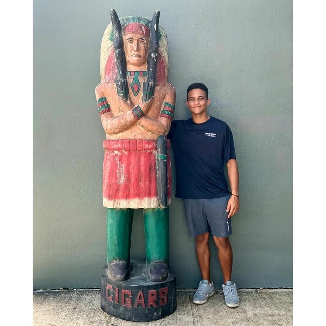 Wood Vintage Monumental Carved Wood Native American Cigar Sculpture For Sale - Image 7 of 12