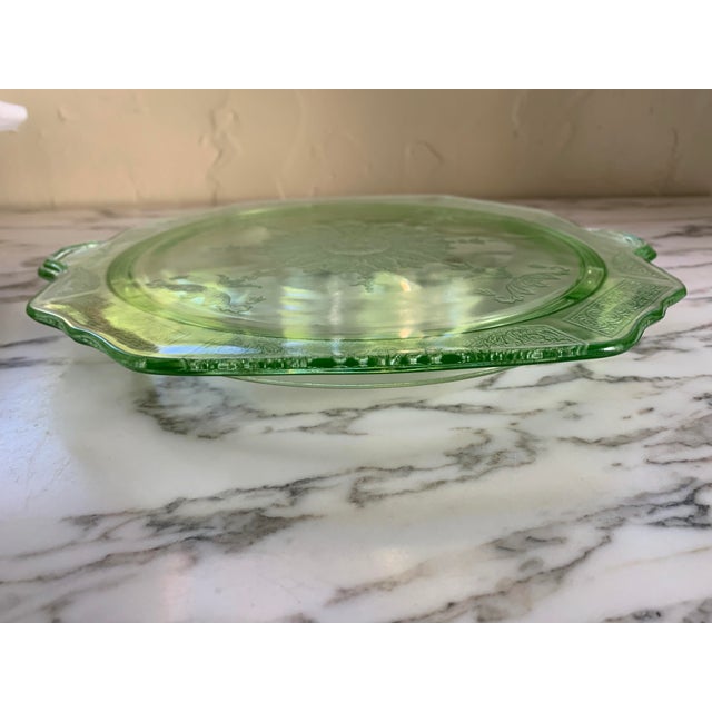 Art Deco 1930s Green Depression Uranium Glass Footed Cake Plate For Sale - Image 3 of 11