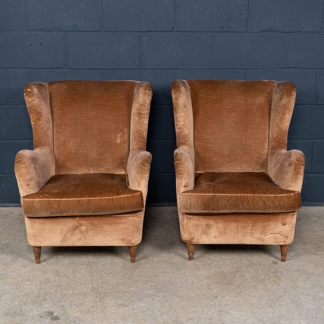 Vintage Italian Velvet Wingback Armchairs, 1960, Set of 2 For Sale - Image 3 of 18