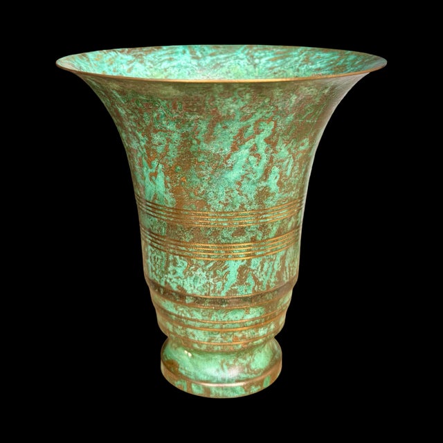 Carl Sorensen Vintage Carl Sorensen Art Deco Verdigris Bronze Trumpet Vase With Gilt Rings For Sale - Image 4 of 8