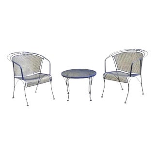 Mid 20th Century Woodard Rose Pattern Blue Wrought Iron Barrel Back Garden Chairs & Table, 3 Pieces For Sale