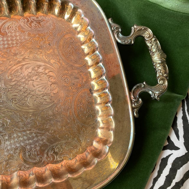 1970s Large Footed Silver Serving Tray With Etchings For Sale In Atlanta - Image 6 of 11