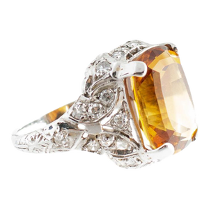 1920s Edwardian Platinum Cushion Citrine and Diamond Filigree Rings, Size 5