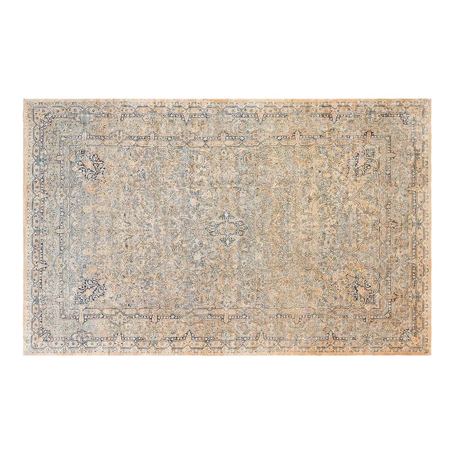 Authentic Persian Kirman Yellow, Green, Blue Handmade Wool Rug For Sale