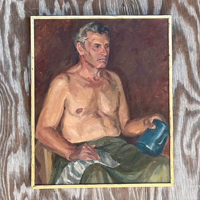 Vintage Boho Signed Original Oil Portrait of Man For Sale - Image 4 of 9