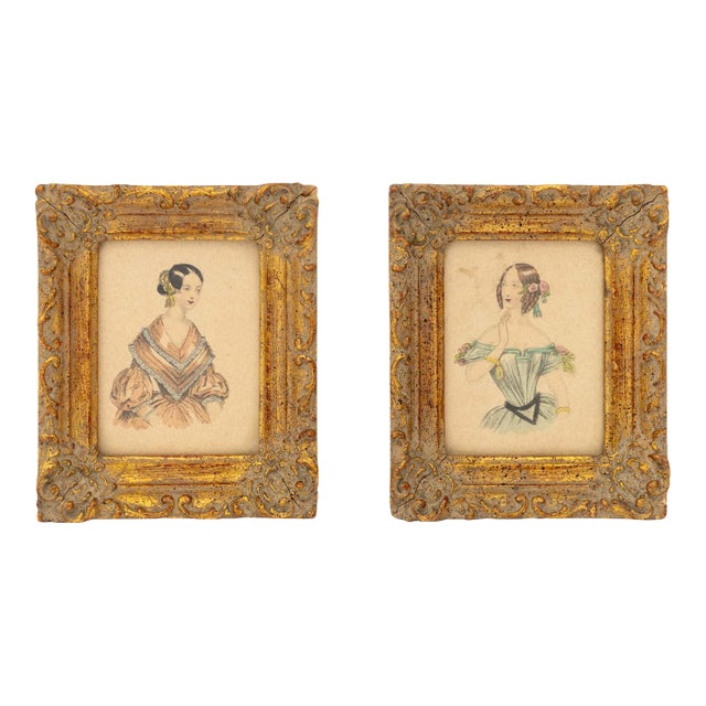 Miniature Fashion Lithograph Portraits, 19th C., 2 For Sale
