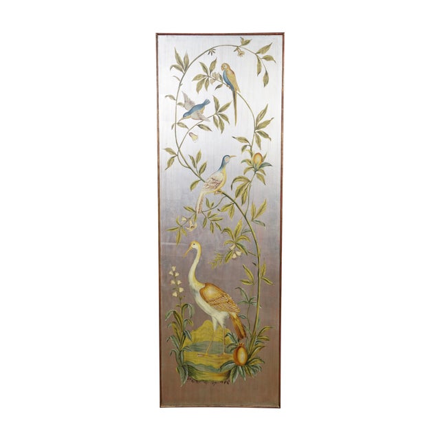 Three vintage gold and silver metallic painted hanging panels featuring a tropical bird / Crane / Stork theme with vines....