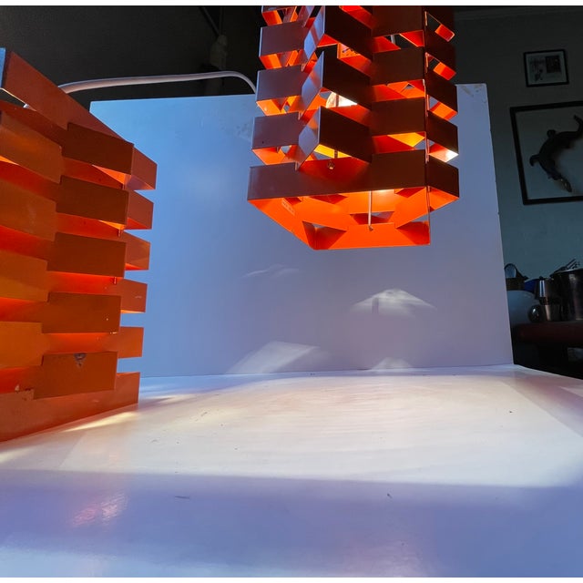 Mid-Century Modern Orange Geometric Octave Pendant Lamps from Niels Esmann & H. C. Jensen, 1960s, Set of 2 For Sale - Image 3 of 11