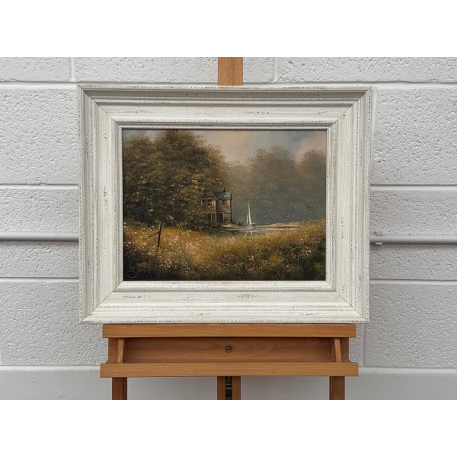 Green Serene Countryside Landscape with Sailboat & Wild Flowers in English Countryside 1980 Circa For Sale - Image 8 of 18