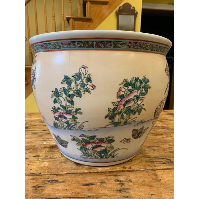 Peach Large Mid-Century Chinese Export Colorful Hand Painted Cranes Flowers Fish Bowl Planter Cachepot For Sale - Image 8 of 12