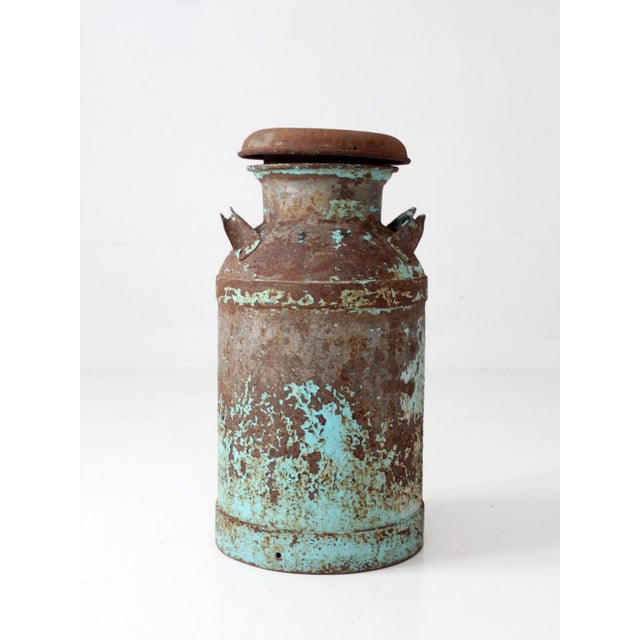Antique Turquoise Painted Metal Milk Can For Sale - Image 11 of 18