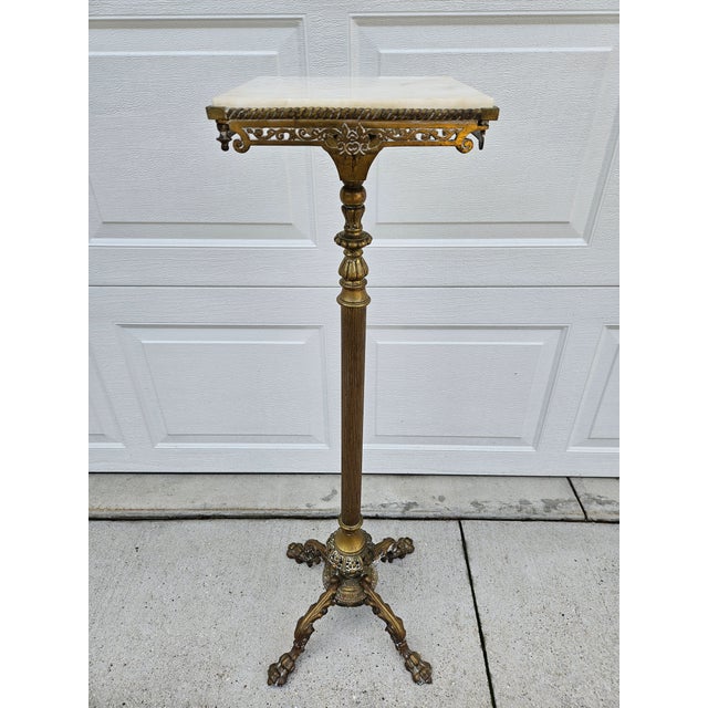 Metal Victorian Brass Cast Iron and Marble Pedestal Plant Stand For Sale - Image 7 of 12