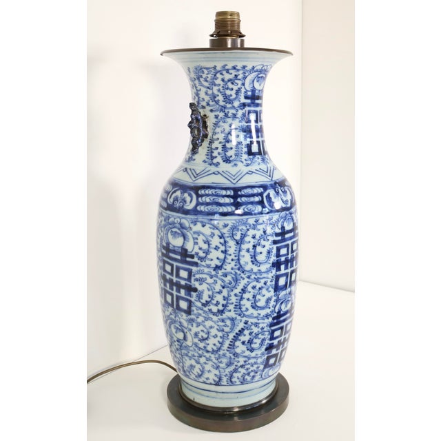 Blue Large Blue and White Double Happines Qing Dynasty Lamp For Sale - Image 8 of 8