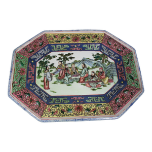 Vintage Hand Painted Enameled Platter Depicting Eight Chinese Elders