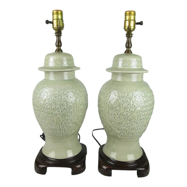 Pair of Late 20th Century Wildwood Celadon Green Pottery Ginger Jar Lamps For Sale