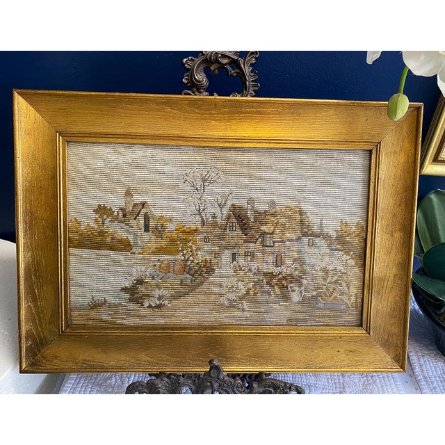 C1900 Florentine Gilt Wood Framed Intricate Needlepoint-Pastoral Village 17x12 For Sale - Image 9 of 17