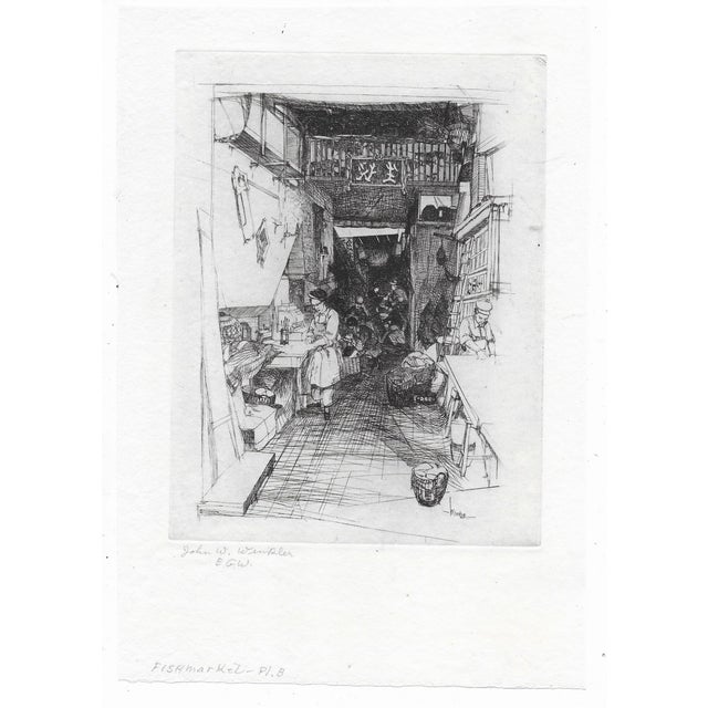 John Winkler (1890-1979). "Fishmarket" Chinese etching on paper. Pencil signed by his wife Elizabeth de Gebele Ginno...