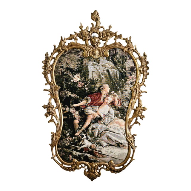 Elegant French Rococo Woven Tapestry With Gold Leaf Frame For Sale