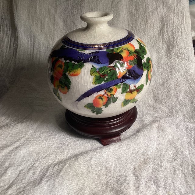 This is a beautiful and rare TAI-HWA Pottery Bottle - vase with a Blue Magpie Good Fortune Heavenly Joy design It is 6”...