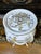 Tall vintage Chinoiserie stool or side table featuring figural mother-of-pearl inlay, hand-drawn garden scenes, gilt...
