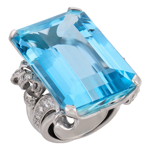Nadja Buckley Mid Century 51.50 Carat Aquamarine Diamond Platinum Cocktail Ring, Size 5 For Sale